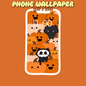 May include: A digital phone wallpaper with the text PHONE WALLPAPER 1170 x 2532 featuring a pattern of orange and cream pumpkins with smiling faces, a black cat, and a cat wearing a skull mask, all displayed on a smartphone screen interface.