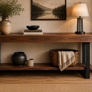 May include: A long rectangular wooden console table with a dark brown finish and black metal legs. The table features a lower shelf holding a black ceramic bowl, a small beige pot, and a woven basket containing a folded beige fringed throw blanket.