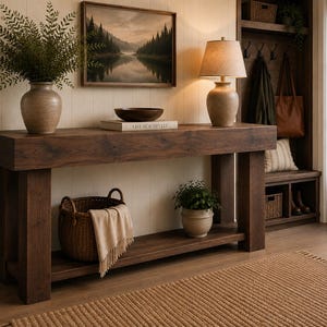 Peut inclure: Une console en bois brun foncé avec une étagère inférieure, comprenant un grand vase en céramique avec de la verdure, un bol en bois foncé sur un livre et une lampe de table avec un abat-jour beige. Un panier tressé avec un plaid clair est posé en dessous.