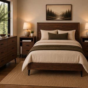 May include: A bedroom set featuring a dark wood bed frame with a headboard, two matching nightstands with drawers, and a six-drawer dresser. The bed is dressed in light beige bedding with a dark olive green throw blanket and a rectangular pillow.