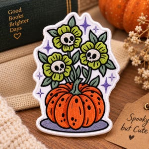 Custom Embroidered Halloween Patch, Iron On Sew On Hook and Loop, Skull Flower Pumpkin Patch, Spooky Floral Gothic Badge Gift