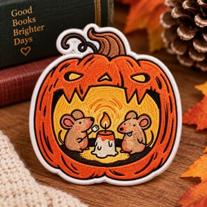 Custom Embroidered Halloween Patch, Iron On Sew On Hook and Loop, Pumpkin Mouse Campfire Patch, Cute Spooky Jack O Lantern Badge