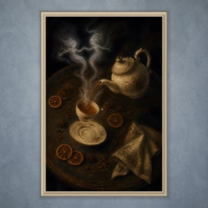 Könnte beinhalten: Ein gerahmter Wandkunstdruck, der eine Vintage-Teekanne zeigt, aus der Tee in eine Tasse gegossen wird. Zwei ätherische, geisterhafte Gestalten steigen aus dem Dampf über der Tasse auf. Getrocknete Orangenscheiben, Sternanis und eine gefaltete Stoffserviette sind auf dem dunklen Tisch arrangiert.