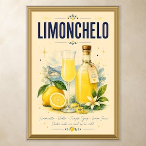 Puede incluir: Una lámina enmarcada titulada LIMONCHELO con una ilustración en acuarela de un vaso y una botella de licor amarillo, limones enteros y cortados, y hojas. El texto incluye ingredientes e instrucciones: Limoncello, Vodka, Simple Syrup, Lemon Juice, Shake with ice and serve cold. La etiqueta de la botella dice FATTO CON LIMONI ITALIANI.