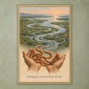 Puede incluir: Una lámina de arte enmarcada que muestra un paisaje de un río serpenteante que fluye a través de humedales verdes hacia un horizonte al atardecer. Dos manos ahuecadas sostienen una cuerda trenzada de color cobre que se convierte en el río. Texto: Letting go can be a form of care.