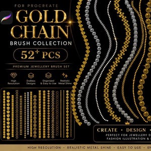 May include: A digital brush collection for Procreate titled Gold Chain Brush Collection 52+ PCS, featuring various gold and silver chain patterns, including heart, star, and floral link designs, displayed on a black background with text.