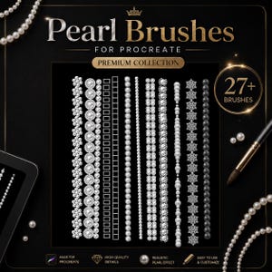 Puede incluir: Una pantalla gráfica digital con el texto Pearl Brushes for Procreate Premium Collection 27+ Brushes. La imagen muestra varios patrones de trazos de pincel verticales, incluyendo hileras de perlas, formas geométricas y diseños de copos.