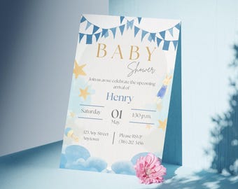 Watercolor Blue Baby Shower Invitation Template |  Cloud & Star Baby Shower Invite | Printable Boy Baby Shower Invitation | Digital Download