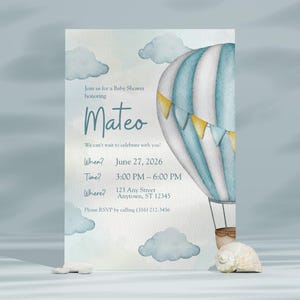 Editable Hot Air Balloon Baby Shower Invitation Template | Blue Boy Baby Shower Invite | Canva Template | Instant Download