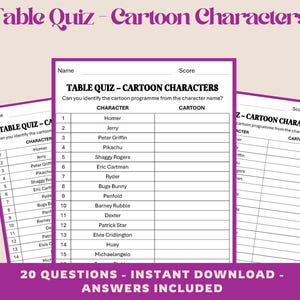 Könnte beinhalten: Ein weißes Quizblatt mit dem Titel Table Quiz - Cartoon Characters, das eine Liste von 15 Charakternamen und leere Felder für Zeichentrickserien enthält. Das Dokument bietet zudem Platz für Name und Punktzahl sowie 20 Fragen.