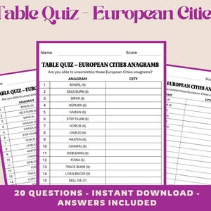 Könnte beinhalten: Ein weißes Quizblatt aus Papier mit dem Titel TABLE QUIZ - EUROPEAN CITIES ANAGRAMS, das eine Liste von 15 durcheinandergebrachten Städtenamen und leere Zeilen für Antworten enthält. Das Dokument hat Felder für Name und Punktzahl in schwarzer Schrift.