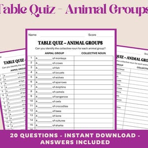 Könnte beinhalten: Ein druckbares Quizblatt mit dem Titel Table Quiz - Animal Groups, das eine Liste von 15 nummerierten Fragen enthält, um die Sammelbezeichnungen für Tiere wie Affen, Krähen, Fische, Heuschrecken, Wölfe, Spatzen, Delfine und Kamele zu bestimmen.