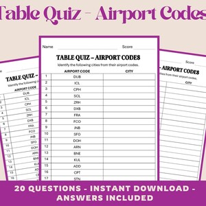 Könnte beinhalten: Ein druckbares Quizblatt mit dem Titel Table Quiz - Airport Codes, das eine Liste von 17 Flughafencodes zur Identifizierung enthält. Das weiße Papier hat einen violetten Rand und violette Überschriften. Felder für Name und Punktzahl sind vorhanden.