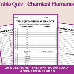 Könnte beinhalten: Ein druckbares Arbeitsblatt Table Quiz - Chemical Elements mit 20 Fragen. Das Dokument enthält Spalten für chemische Symbole und Elementnamen sowie Felder für Name und Punktzahl. Der Text lautet: Table Quiz - Chemical Elements.