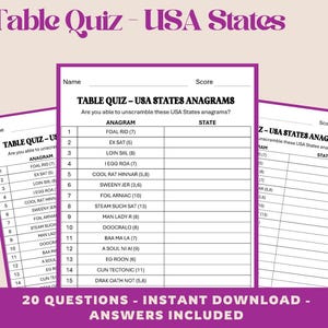 Könnte beinhalten: Ein weißes Quizblatt mit dem Titel Table Quiz - USA States Anagrams und einer Liste von 15 Anagrammen zum Entschlüsseln. Das Blatt enthält Felder für Name und Punktzahl sowie den Text 20 Questions - Instant Download - Answers Included unten.