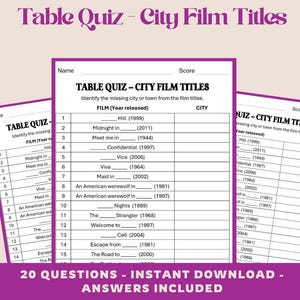 Könnte beinhalten: Ein druckbares Quizblatt mit dem Titel City Film Titles mit 20 nummerierten Zeilen zum Identifizieren fehlender Städtenamen in Filmtiteln, einschließlich der Erscheinungsjahre. Das Dokument enthält oben ein Feld für Name und Punktzahl.