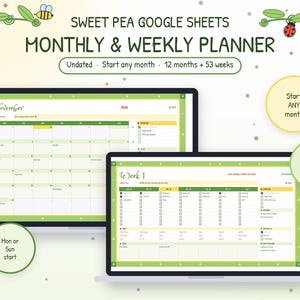 Google Sheets Monthly and Weekly Planner / Green Whimsical Cute Planner / Customizable Dates / Digital