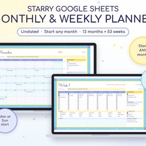 Google Sheets Monthly and Weekly Planner / Starry Cute and Minimalist / Customizable Dates / Digital