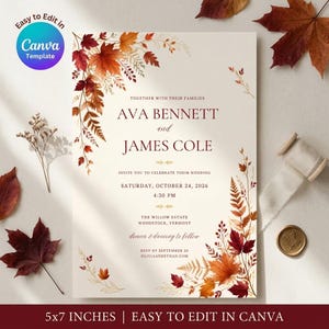 Może przedstawiać: Szablon zaproszenia ślubnego z jesiennymi liśćmi klonu w odcieniach czerwieni, pomarańczu i brązu. Tekst brzmi: Ava Bennett and James Cole, Saturday, October 24, 2026, 4:30 PM, The Willow Estate, Woodstock, Vermont. Zawiera logo Canva.