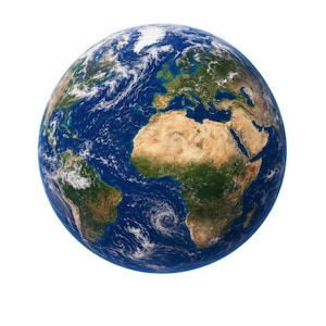 May include: A spherical representation of planet Earth showing the continents of Africa, Europe, and parts of South America and Asia. The image displays deep blue oceans, swirling white cloud formations, and landmasses in shades of green and tan.