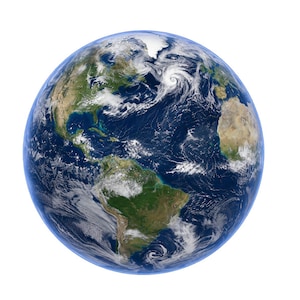 May include: A spherical view of planet Earth from space, showcasing the continents of North and South America, the deep blue Atlantic Ocean, and swirling white cloud formations across the globe against a stark white background.