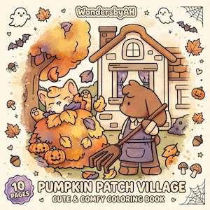 Pumpkin Patch Village Spooky Cute Coloring Book – 10 Pages PDF | Cozy Halloween Coloring, Bold & Easy Kawaii Designs, Digital Download