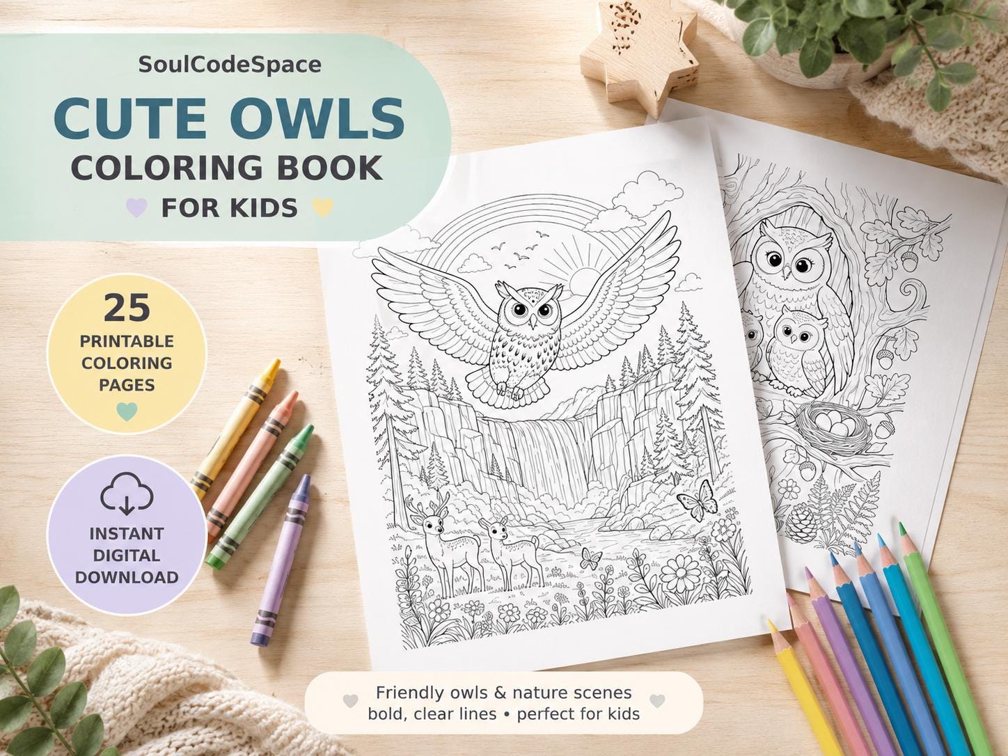 Printable Owl Coloring Book for Kids, 25 Pages, Instant Download PDF