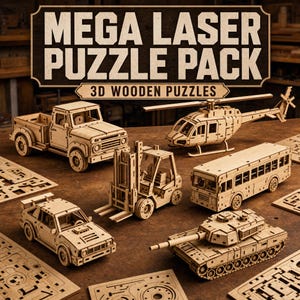 May include: A Mega Laser Puzzle Pack featuring 3D wooden puzzles of a pickup truck, a helicopter, a forklift, a bus, a sports car, and a tank. The set includes several flat wooden sheets with laser-cut pieces for assembly on a wooden surface.