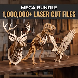 May include: A digital graphic featuring the text MEGA BUNDLE 1,000,000+ LASER CUT FILES above three light-colored wooden 3D puzzles. The models include a deer head wall mount, a standing Tyrannosaurus Rex skeleton, and an eagle with wings spread.