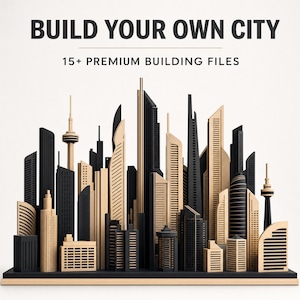 May include: A collection of miniature city buildings in black and tan, arranged on a base. The text BUILD YOUR OWN CITY and 15+ PREMIUM BUILDING FILES appears at the top. The structures feature various architectural designs, including towers and skyscrapers.