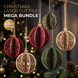 May include: A collection of five hanging spherical ornaments made of laser-cut wood in red, green, and natural wood tones, featuring intricate patterns of stars, reindeer, and baubles. Text reads: CHRISTMAS LASER CUT FILES MEGA BUNDLE 435+ DESIGNS.