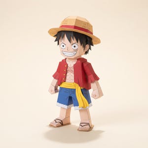 Peut inclure: Une figurine en papier représentant un personnage aux cheveux noirs, portant un chapeau de paille avec un ruban rouge, une chemise rouge ouverte, un short bleu et une ceinture jaune. Le personnage a le teint hâlé, un large sourire et une cicatrice en forme de X sur la poitrine.