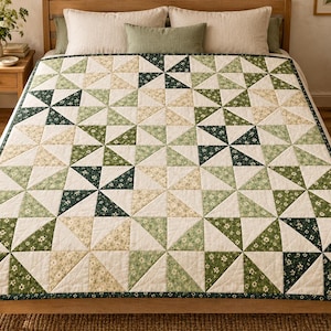 May include: A patchwork quilt featuring a repeating pinwheel pattern made of triangular fabric blocks in various shades of green, cream, and white, with small floral prints and a dark green border covering the surface of a bed.