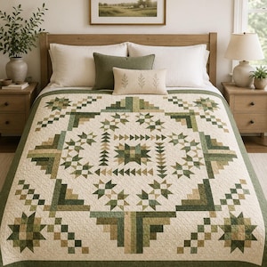 May include: A quilt featuring a geometric patchwork design in shades of cream, olive green, and sage. The pattern consists of repeating star motifs and stepped block borders arranged in a symmetrical layout with intricate stitching throughout.