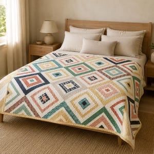 May include: A bed quilt featuring a repeating geometric diamond pattern in shades of mustard yellow, sage green, coral pink, and navy blue. The quilt is constructed from stitched fabric squares and rectangles, covering a bed with neutral pillows.