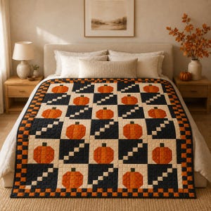 Peut inclure: Une courtepointe présentant un motif répétitif de citrouilles orange sur un fond bleu marine foncé et crème. La courtepointe a une bordure à carreaux orange et bleu marine. Le design se compose de blocs carrés avec des motifs de citrouilles.