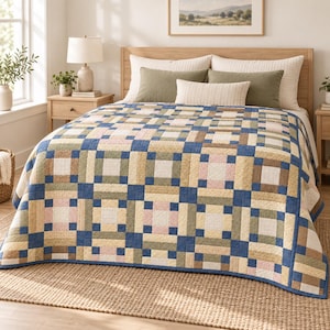 Pode incluir: Uma colcha de cama com um padrão de blocos repetitivos em tons de azul-marinho, verde-sálvia, bege e rosa suave. O design consiste em quadrados e retângulos interconectados com uma estrutura de grade, finalizada com uma borda azul-marinho.