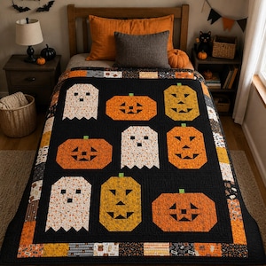 May include: A rectangular quilt featuring a black background with a repeating pattern of orange jack-o'-lanterns and white ghosts. The border consists of smaller squares with various Halloween-themed prints including pumpkins, candy, and stripes.