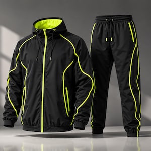 Peut inclure: Un survêtement noir composé d'une veste à capuche et d'un pantalon assorti avec des passepoils jaune néon. La veste présente une fermeture éclair frontale jaune néon, une doublure de capuche jaune néon et deux poches latérales zippées.