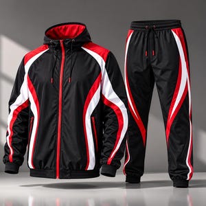Könnte beinhalten: Ein schwarz-rot-weißer Trainingsanzug bestehend aus einer Kapuzenjacke mit Reißverschluss und einer passenden Hose. Die Jacke hat eine rote Innenkapuze, einen durchgehenden roten Reißverschluss und Seitentaschen. Die Hose verfügt über einen elastischen Bund.