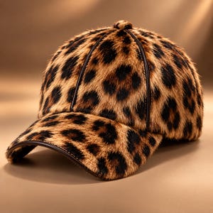 Puede incluir: Una gorra de béisbol con un estampado de leopardo de piel sintética texturizada en tonos marrón, negro y beige. La gorra está construida con seis paneles separados por ribetes de color marrón oscuro y tiene una visera curva con borde a juego.