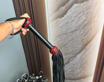Handmade Black Leather Flogger with Red Braided Handle, Gothic Costume Accessory