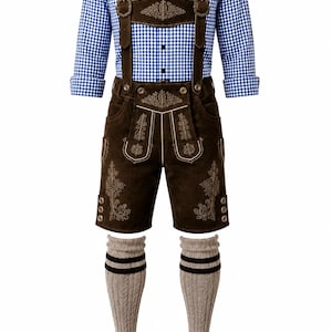 May include: A blue and white gingham long-sleeve shirt paired with dark brown leather lederhosen featuring intricate embroidery, suspenders, beige cable-knit socks with black stripes, and brown suede lace-up shoes.