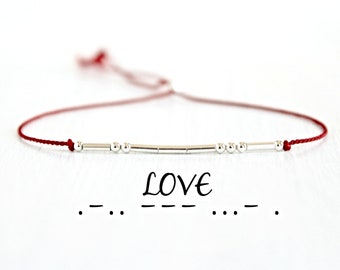 Love Morse Code Bracelet Couples Bracelet Anniversary Gift Dainty Sterling Silver Beaded Bracelet Minimalist Jewelry Red Silk Cord Bracelet