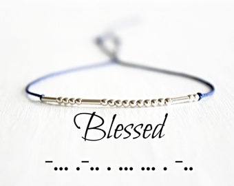 Blessed Bracelet Custom Morse Code Bracelet  Hidden Message Bracelet Motivational Jewelry Sterling Silver Dainty Beaded Silk Cord Bracelet