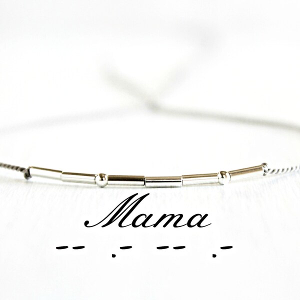 Mother's Day Gift Mama Morse Code Bracelet Minimalist Jewelry Thin Sterling Silver Beaded Silk Cord Bracelet New Mom Gift