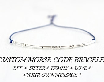 Custom Morse Code Bracelet Minimalist Best Friend Inspirational Jewelry Friendship Family Sterling Silver Silk Cord Bracelet