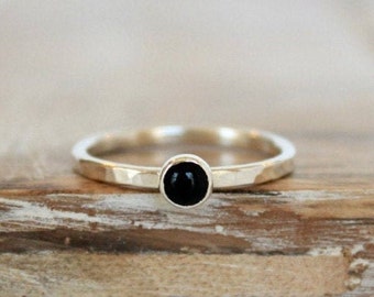 Natural Black Onyx Sterling Silver Stack Ring Minimal Handcrafted Jewelry Small Stone Hammered Thin Band Ring Petite Delicate Everyday Ring