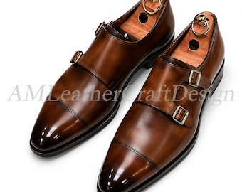 Mocassins à double boucle en cuir marron pour homme, fabriqués à la main sur commande : Mocassins à bout ombré