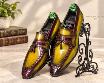 Mocassins à pampilles en cuir vert pour homme, fabriqués à la main : mocassins à enfiler sur commande